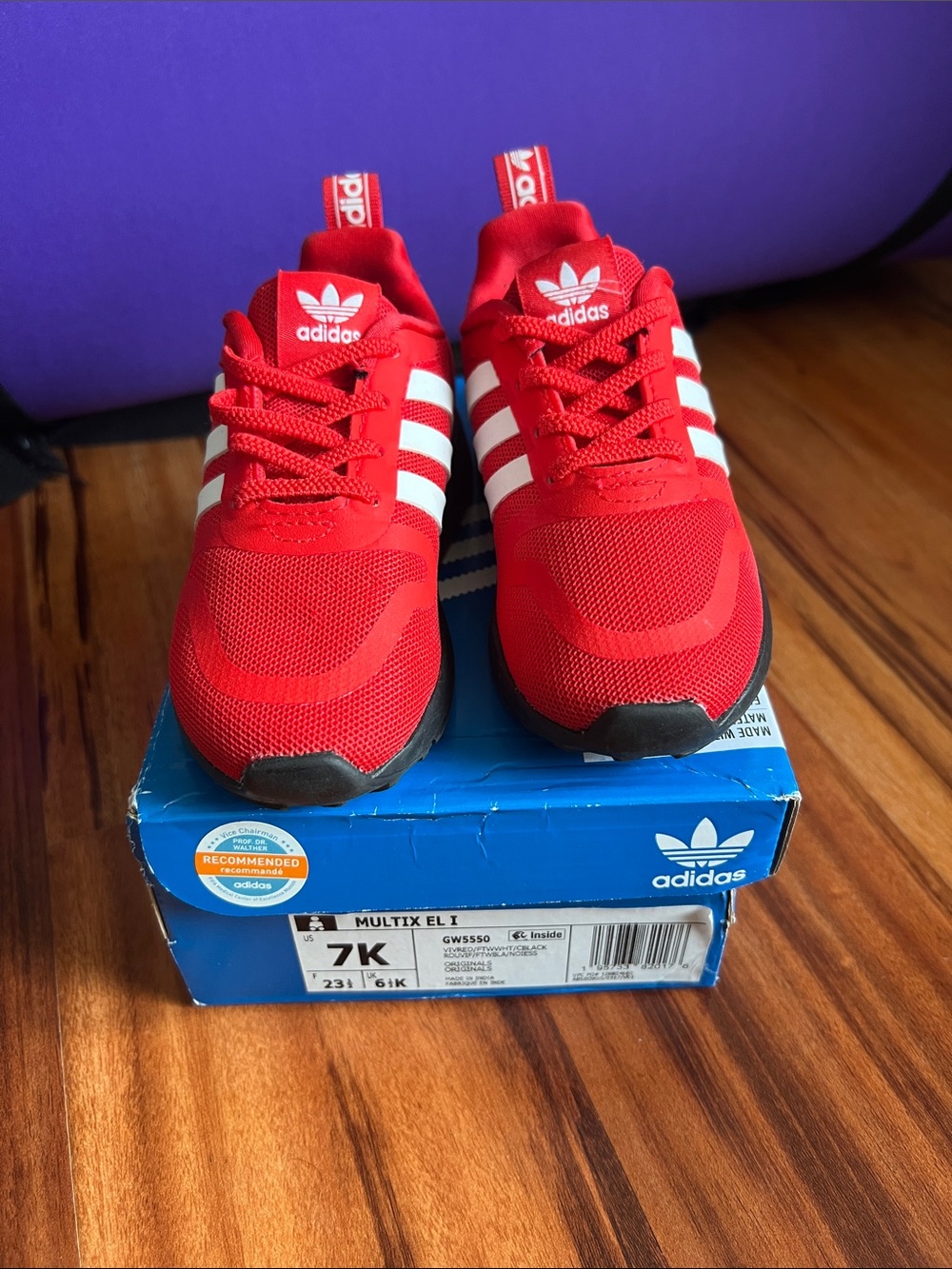 adidas Kids Red Sneakers with White Three Stripes Multix EL I Size 7 Toddler